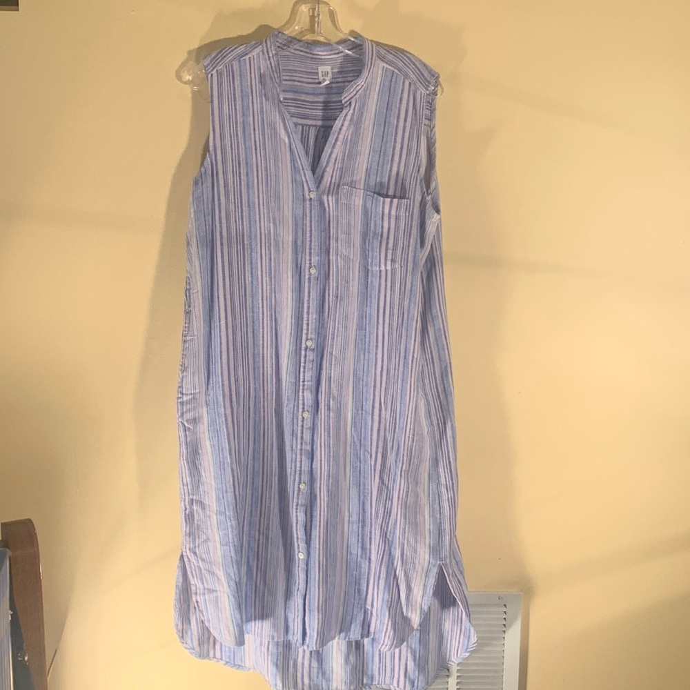 Gap linen blue stripe sleeveless shirtdress